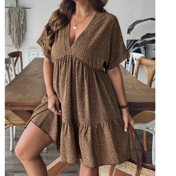 Leopard Print V neck Short Sleeve High waisted Dress - Picture 1 of 3